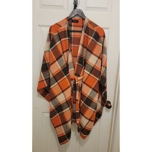 PEACH LOVE CALIFORNIA OS Orange Plaid Blanket Overall Wrap Tie Poncho Sweater